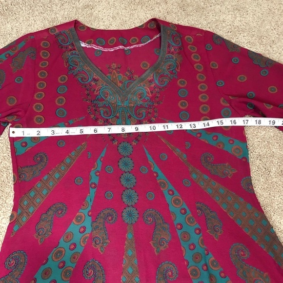 Kurti Magenta Blue Print Long Sleeve Side Slits Sheer Lightweight Tunic Dress - Picture 10 of 13